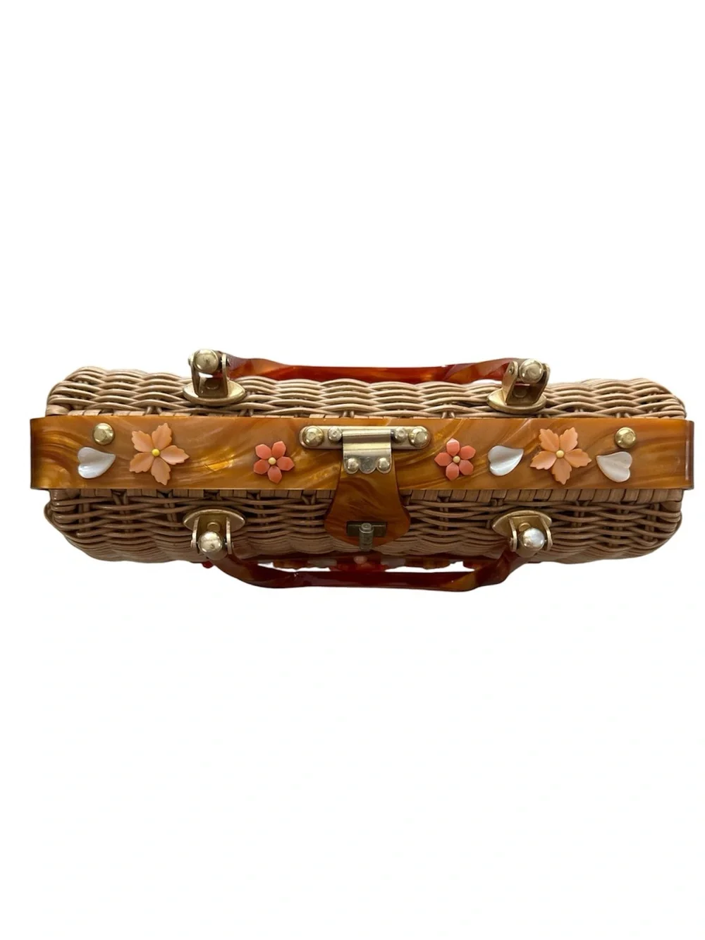 Tropica 50’s 60’s lucite woven wicker floral embellished satchel coastal granny